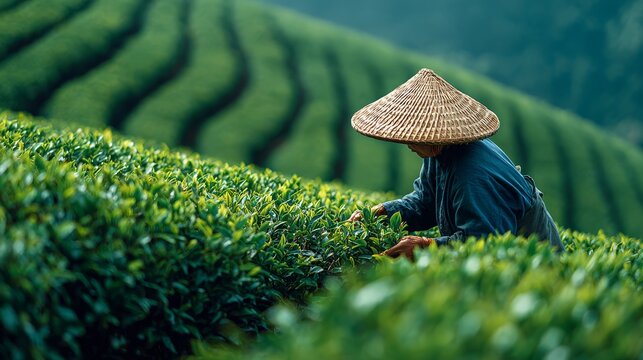 82.06011247 82 Close view of woman collecting green tea leaves in mountain tea garden, rows of tea plants, bright spring colors, calm rural scenery, sustainable farming theme