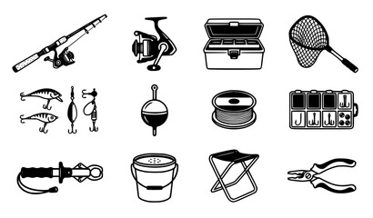Fishing Gear and Tackle Equipment Icon Set with Rod Reel Lures Bobber Line Tackle Box Net and Hook Vector Symbols © MdShagarAli