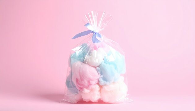 Bag of Fluffy Pastel Cotton Candy Tied with Blue Ribbon