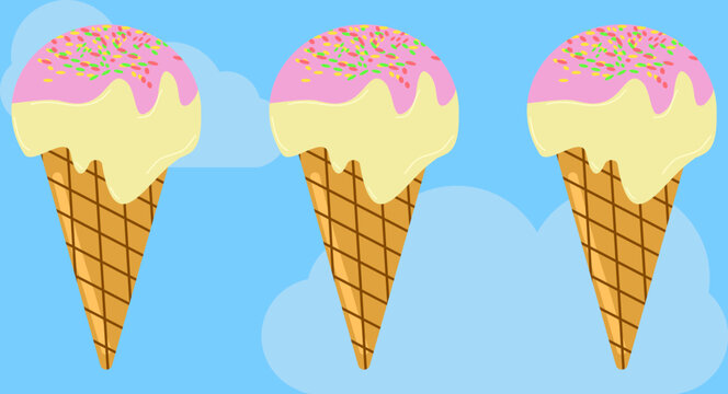 Ice cream cone vector illustration with strawberry glaze melting cream and colorful sprinkles on blue sky cloud background