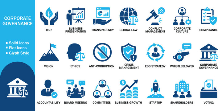 Corporate governance solid icon set with business compliance. Vector illustration of realistic law transparency flat symbol, colorful esg strategy regulation accountability template.