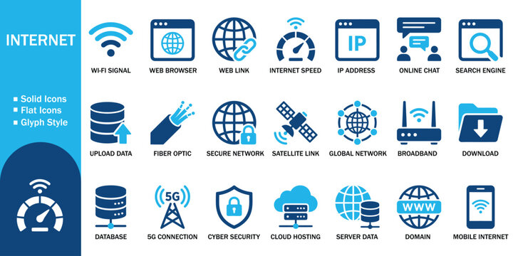 Internet solid icon set with digital network technology. Vector illustration of realistic web browser flat symbol, colorful broadband wifi signal data database server cloud hosting template.