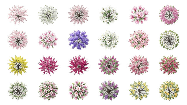 Hand Drawn Watercolor Top View Flowering Ornamental Trees for Landscape Architecture Vector Set