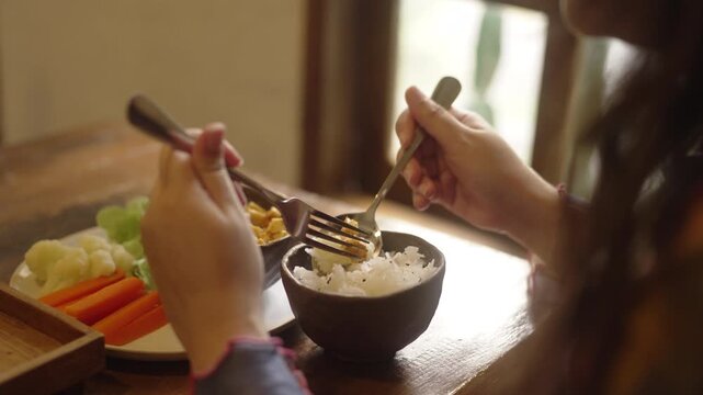 Asian woman eating traditional thai food at home, Asian Tasty dish