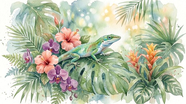 Tropical jungle foliage, exotic plants, colorful flowers, green lizard, watercolor illustration