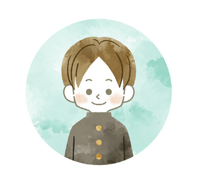 笑顔の男子学生のアイコン-水彩