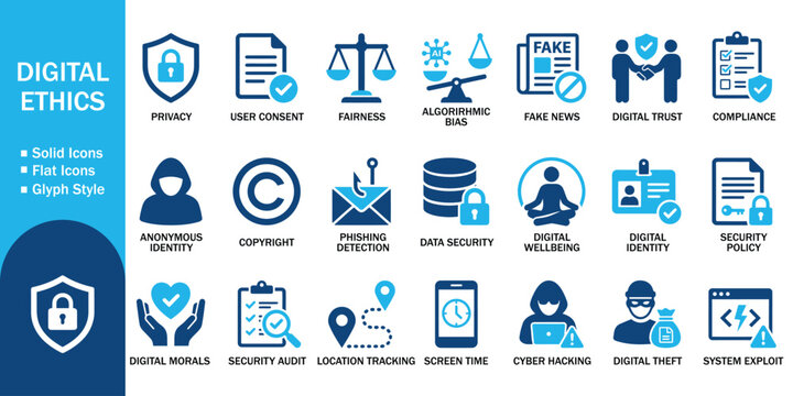 Digital ethics solid icon set with data security privacy. Vector illustration of realistic cyber safety flat symbol, colorful online internet trust copyright hacking system exploit template.