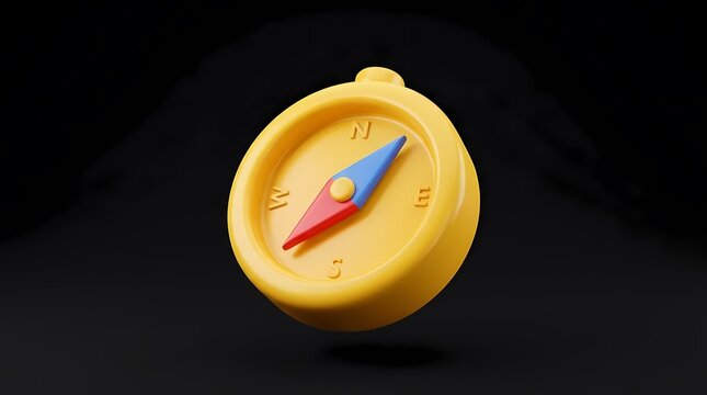 3D rendered yellow compass icon on dark background.