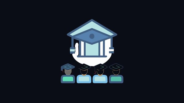 Graduation ceremony illustration with graduates and university building