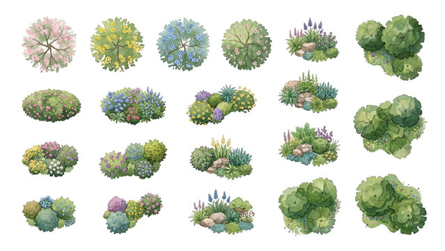 Hand Drawn Watercolor Landscape Planting Symbols and Garden Beds Vector Set