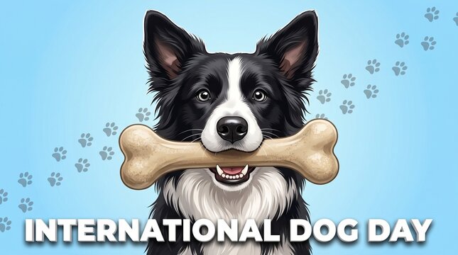 Happy black and white border collie holding a bone for international dog day celebration illustration