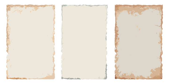 three vertical vintage paper sheets with torn edges on white background texture antique look retro design