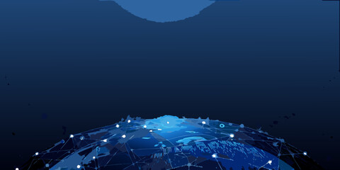 geometric dome structure in futuristic blue 3d render polygonal sphere network nodes connections technology science innovation © Rina
