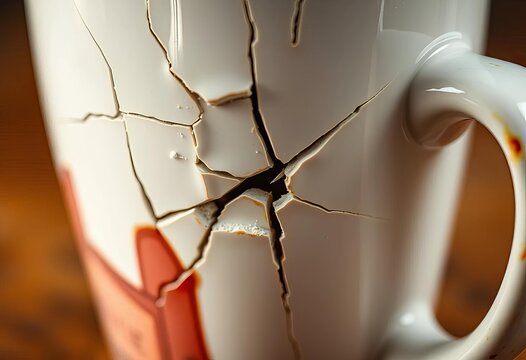 Close-up of a cracked ceramic mug, showing a manufacturing defect, manufacturing fault, faulty