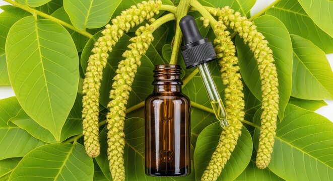 A glass amber bottle with a pipette dispenser sits among blooming walnut catkins and green leaves, representing natural medicinal essence, outdoors, pipette, herbal