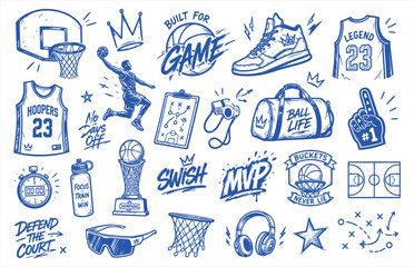 Fototapeta premium Basketball doodle vector collection, hand drawn blue ink sports icons, athletic streetwear graphics with jersey and sneakers