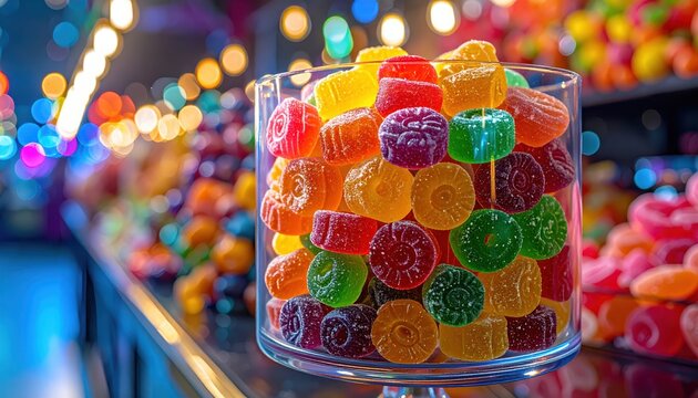 Assortment of Vibrant Hard Candies in a Clear Acrylic Display Jar