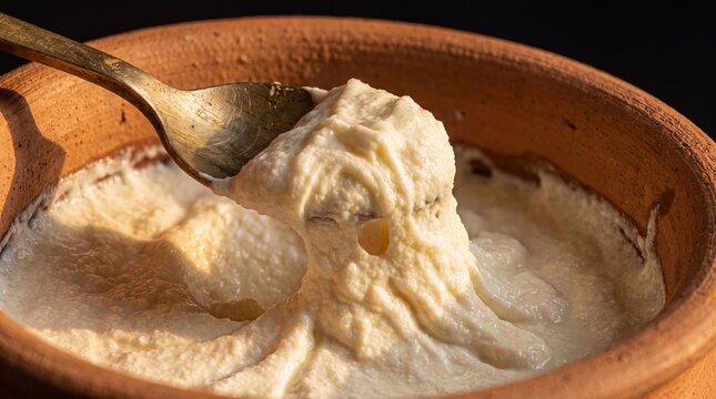 Fresh malai clotted cream being scooped from clay pot with spoon macro action shot