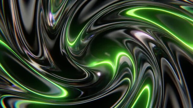 Black and green abstract swirl with smooth metallic motion and a reflective sheen. Fluid patterns and high‑contrast colors create a bold, eye‑catching modern background animation.