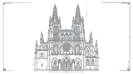 Obraz premium Architectural Blueprint Drawing of Gothic Cathedral Facade