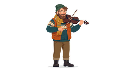 Fototapeta premium Bearded Man Playing Violin Wearing Winter Clothes - Isolated Illustration