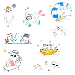 Fototapeta premium Funny cartoon cats enjoying beach vacation and summer activities clip art