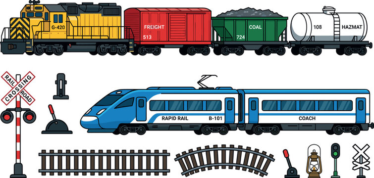 Freight and Passenger Train Vector Set with Diesel Locomotive Cargo Cars High Speed Electric Rail Crossing Sign Tracks and Logistics Icons