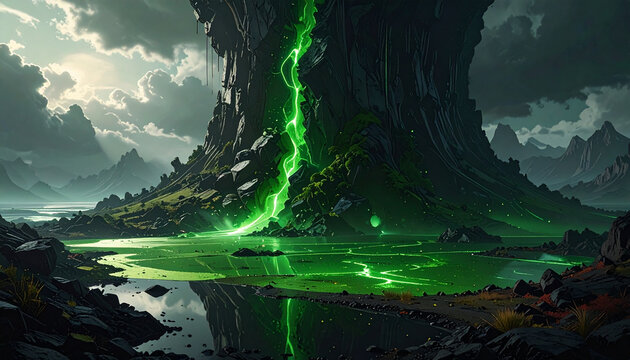 Fantasy landscape with glowing river