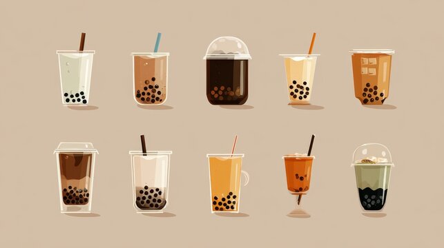 19.Modern vector illustration set of milk tea beverages, cup icons with bubble pearls, clean flat design, soft neutral beige background, consistent line weight, friendly commercial aesthetic