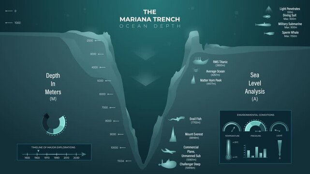 Animated Infographic Explaining The Mariana Trench Ocean Depth And Sea Level Analysis With Environmental Data Measurements