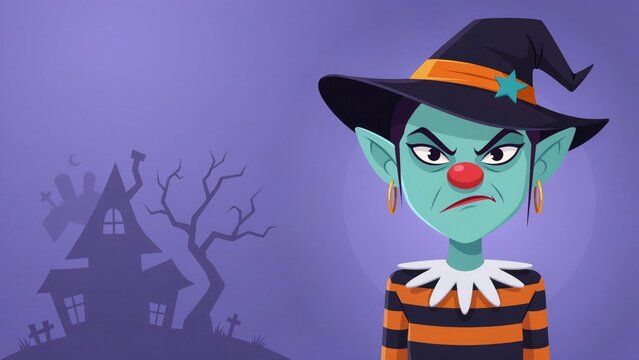 Halloween clown character in front of haunted house