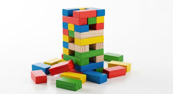 A vibrant wooden block tower standing tall on a light surface with several colorful scattered pieces lying around the base after a fall, orange, strategic, multicolored