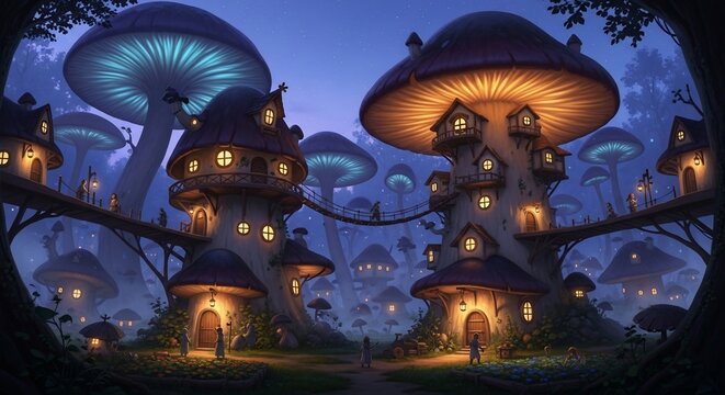 Fantasy mushroom village illustration