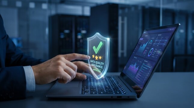 Professional Analyst Monitoring Data Quality Assurance Metrics via Secure Digital Interface in Modern Server Room Environment