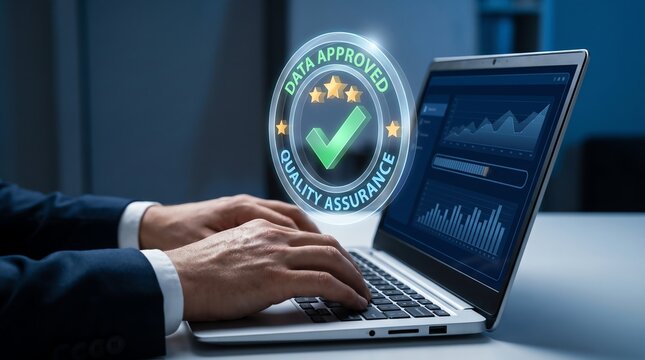 Professional businessman typing on a laptop with a digital data quality assurance and approved stamp icon overlay for business analytics