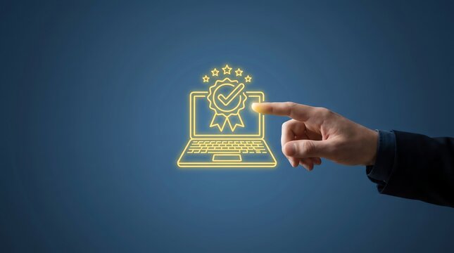 Businessman pointing finger at laptop quality certification icon on dark blue background
