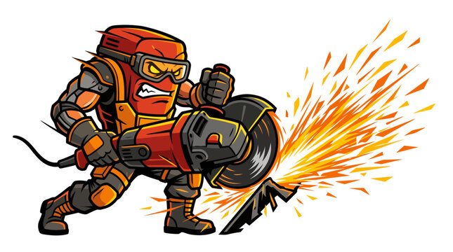Determined construction mascot using an industrial angle grinder