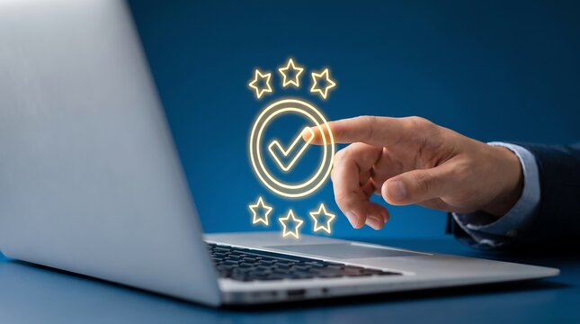 Businessperson selecting a high quality standard rating icon on a digital laptop interface for excellent corporate customer service satisfaction feedback