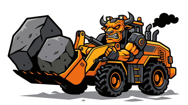 Bull mascot driving industrial front loader with large rocks