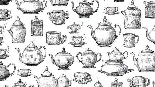 54.Monochrome seamless pattern with decorative teapots, thin outline drawing style, evenly spaced elements, continuous repeat design, vintage inspired tea motif for fabric and packaging