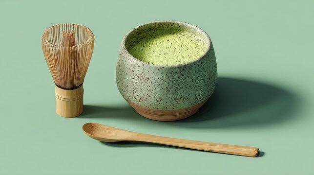 58.Japanese matcha latte set in 3d illustration, ceramic cup filled with creamy green latte, bamboo whisk and spoon, soft shadows, smooth materials, isolated on light green background, modern minimal