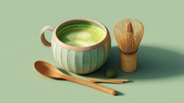 58.Japanese matcha latte set in 3d illustration, ceramic cup filled with creamy green latte, bamboo whisk and spoon, soft shadows, smooth materials, isolated on light green background, modern minimal