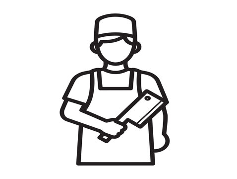Butcher Holding Meat Cleaver in Apron Line Art Vector Illustration