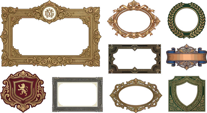 Vintage ornate picture frame vector collection featuring elegant gold borders baroque scrolls royal shields laurel wreaths and art deco design elements.
