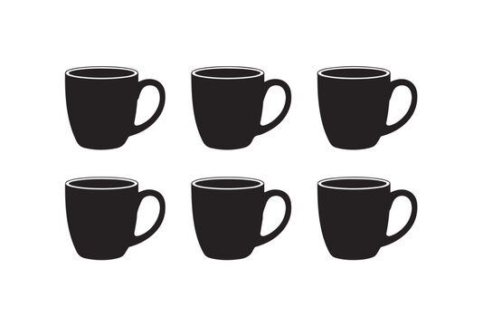 Set of six simple modern coffee mugs collection of plain black cups.
