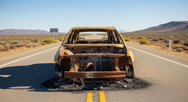 Burnt Out Car Wrecked on Desert Highway Under Clear Blue Sky