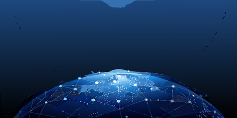 futuristic globe with network connections 3d render earth planet technology global communication internet digital world map geometric blue nodes links data © Ramanath