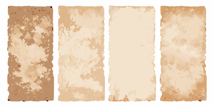 four vertical sheets of heavily aged crumpled paper on transparent background texture grunge vintage old document parchment antique illustration vector graphic