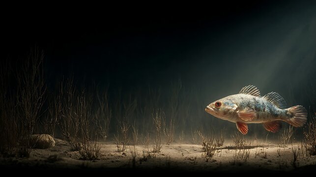 Aquatic Wildlife Perch Fish Swims in Dark Underwater Habitat with Sand and Sparse Vegetation