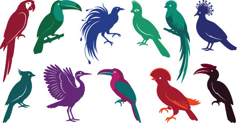 Fototapeta premium Exotic Tropical Birds Vector Silhouette Icon Set with Macaw Parrot Toucan Hornbill and Quetzal for Rainforest Wildlife and Zoo Design Layouts